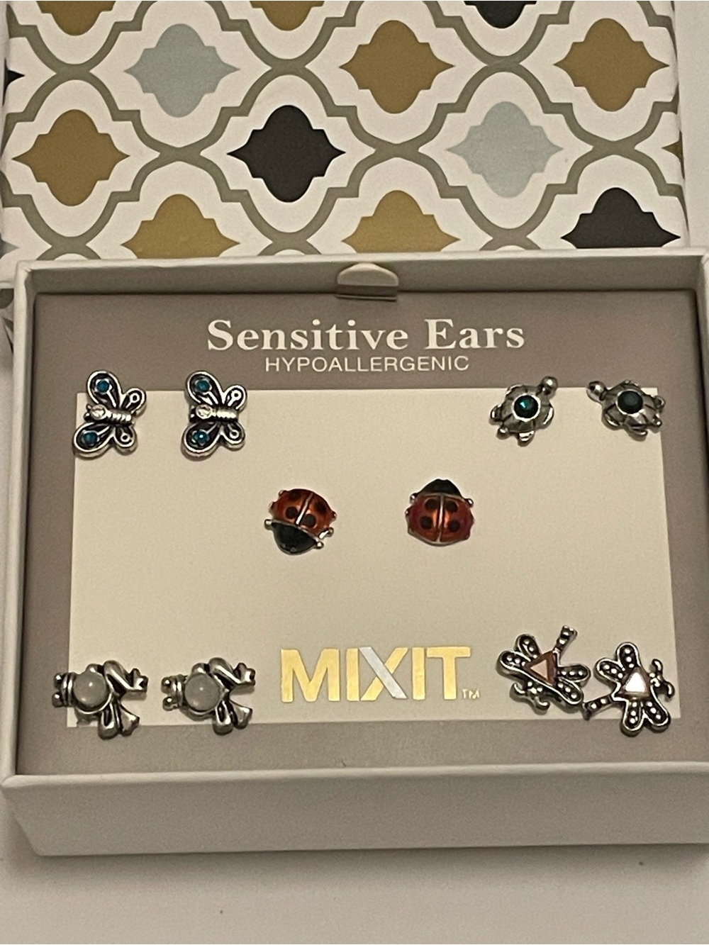 MIXIT Sensitive Ears Hypoallergenic Stud Earring Set - Red & Teal Accents -NIB